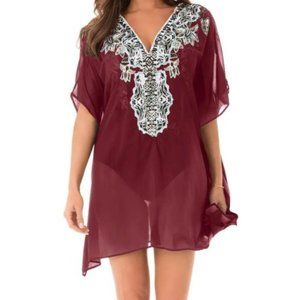 Boho Red Tribal Print Swim Cover Up Sheer Beach Dress